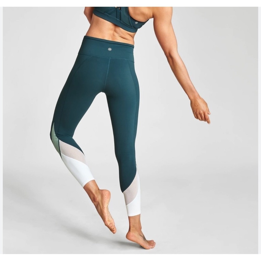 Athleta  Salutation Leggings Teal Green White Colorblock Mesh Performance  XS - Picture 2 of 8